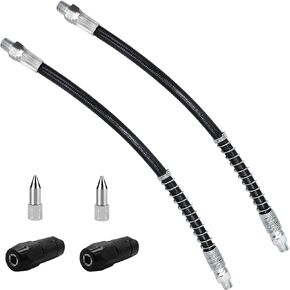 12in Grease Gun Hose, 6Pcs Grease Gun Accessories Kit Includes 2pcs Flex Grease Hose Extension, 2pcs 4-Jaw Standard Grease Couplers and 2pcs Sharp Nozzles (1/8" NPT)…