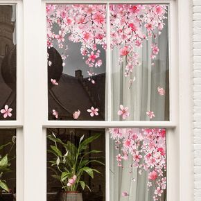 Spring Summer Flowers Window Clings Sticker Hanging Pink Flowers Window Decal Anti-Collision Window Sticker for Living Room Home Office Window Glass Door Decoration