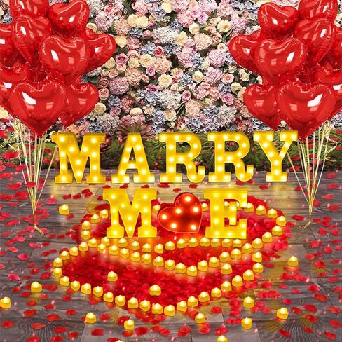 مجموعة ديكورات الاقتراحات، رسائل مضيئة بقلب أحمر من Marry Me، 3000 بتلة ورد رومانسية، 36 شمعة LED، 20 بالونة حمراء بحبل، 2 جهاز عرض جالاكسي، لعلامة الزفاف والخطوبة in Kuwait