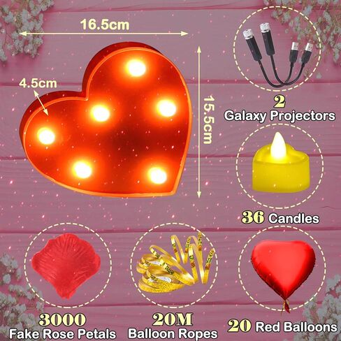 مجموعة ديكورات الاقتراحات، رسائل مضيئة بقلب أحمر من Marry Me، 3000 بتلة ورد رومانسية، 36 شمعة LED، 20 بالونة حمراء بحبل، 2 جهاز عرض جالاكسي، لعلامة الزفاف والخطوبة in Kuwait