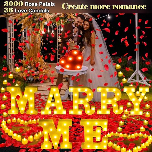 مجموعة ديكورات الاقتراحات، رسائل مضيئة بقلب أحمر من Marry Me، 3000 بتلة ورد رومانسية، 36 شمعة LED، 20 بالونة حمراء بحبل، 2 جهاز عرض جالاكسي، لعلامة الزفاف والخطوبة in Kuwait