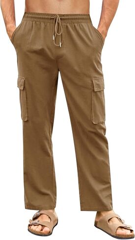 PASLTER Mens Linen Cargo Pants Lightweight Elastic Waist Drawstring Casual Loose Summer Beach Yoga Pants with Pockets in Saudi Arabia
