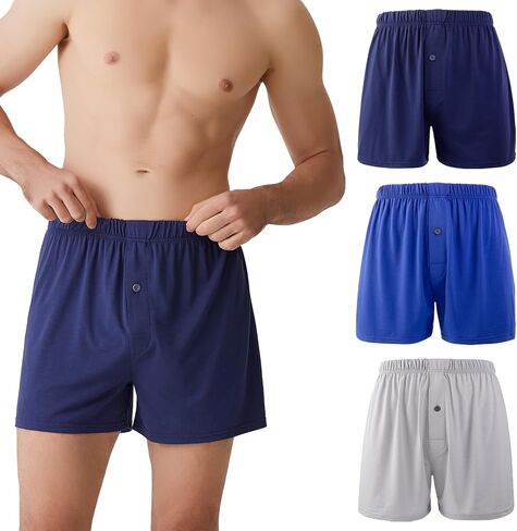 BAMBOO COOL Men's Boxers Soft Underwear Classics Bamboo Viscose Boxer Shorts for Men with Button Fly 3 Pack in Saudi Arabia