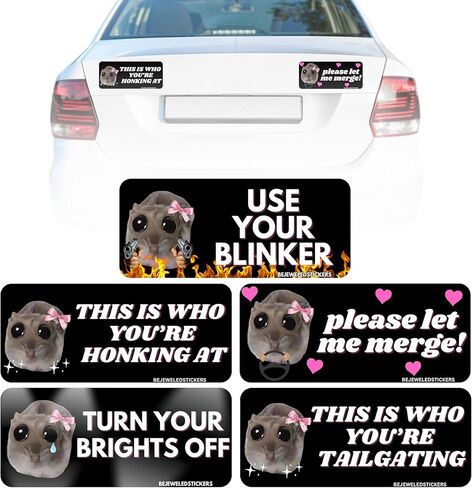 Sad Hamster Bumper Sticker Decal - 5Pcs Waterproof Funny Meme Warning Bumper Bejeweled Sticker， Self Adhesive Big Eyes Die-Cut Decals Removable Sign Stickers for Car Truck Lorry in Saudi Arabia