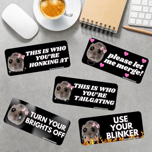 Sad Hamster Bumper Sticker Decal - 5Pcs Waterproof Funny Meme Warning Bumper Bejeweled Sticker， Self Adhesive Big Eyes Die-Cut Decals Removable Sign Stickers for Car Truck Lorry in Saudi Arabia