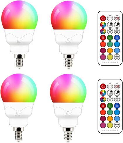 مصابيح إضاءة LED ILC E12 (ما يعادل 40 وات) 5 وات، لون RGB متغير، ضوء نهاري أبيض 5700 كلفن، لمبة إضاءة مستديرة بقاعدة صغيرة، قاعدة شمع A15، 12 لونًا ووضعين توقيت مع جهاز تحكم عن بعد (4 عبوات) in Saudi Arabia