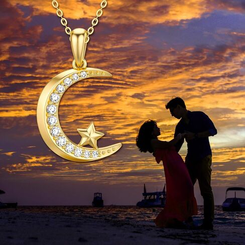 SISGEM 14k Gold Moon Pendant Necklace for Women, Real Gold Moon and Star Jewelry Anniversary Present for Wife/Girlfriend, Gifts for Her, 16-18 Inch in Saudi Arabia