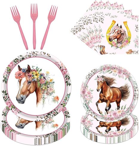 Horse Birthday Decorations for Girls - 96PCS Horse Party Plates Tableware Supplies Cowgirl Baby Shower Decorations Disposable Paper Horse Plates Napkins Forks Horse Party Decorations Serve 24 in Saudi Arabia