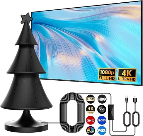 هوائي التلفزيون، هوائي رقمي مطور 2024 للتلفزيون الداخلي، هوائي HDTV لشجرة عيد الميلاد 360 درجة يدعم الاستقبال 4K 1080p للتلفزيون الذكي/القديم، معزز الإشارة المضخمة - محول تيار متردد لكابل HDTV بطول 9.8 قدم in Saudi Arabia