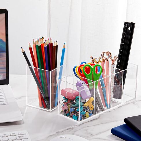 5 Pack Clear Acrylic Pencil Pen Holder Cup, 1 and 4 Compartments Clear Pen Holder, Clear Makeup Brush Holder, Acrylic Desk Organizer for Office Home Supplies Desk Accessories in Saudi Arabia