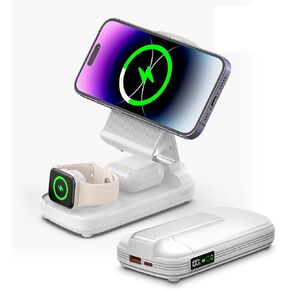 شاحن متنقل DOKYW بقدرة 10000 مللي أمبير في الساعة لسلسلة iPhone 15/14/13/12 وساعة Apple وAirpods، قاعدة شحن 3 في 1 لأجهزة Apple، حزمة بطارية لهاتف iPhone، قابلة للطي، أبيض in Kuwait