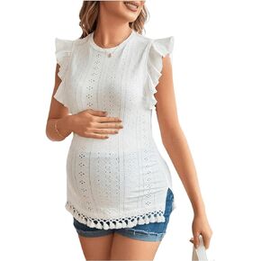 Women's Maternity Tee Shirt Cap Sleeve Round Neck Eyelet Embroidery Knitted Pregnancy Tee Tops