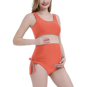 Maternity Two Pieces Swimsuit High Waisted Maternity Bikini Bathing Suit with Tie Side Bottom Pregnancy Swimwear