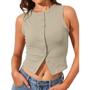 High Neck Tank Tops for Women Button Front Sleeveless Summer Cropped Tank Casual Slim Fitted Tank Tops