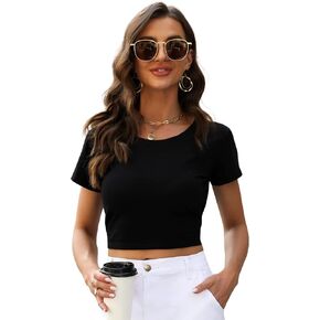 LONGBIDA Women's Scoop Neck Basic Crop Top Solid Short Sleeve T-Shirt in Kuwait