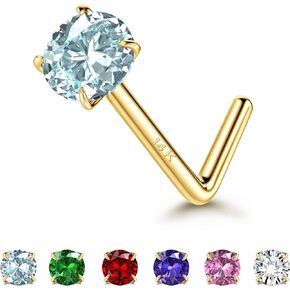 LOYALLOOK 14K Real Gold Nose Rings Studs 20G 18G Gold L-Shape Nose Rings Round CZ Simulated Diamond Nose Stud Hypoallergenic Nose Piercing for Women, 3MM