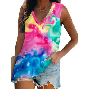 MOUSYA Tie Dye Tank Top Women Colorful Sleeveless Shirt Casual Neon Printed Vest Shirts Summer Blouse Soft Tee