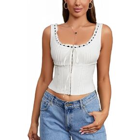 HTZMO Women's Sleeveless Lace Neckline Tie Up Cute Tank Top Backless Single Breasted Casual Y2k Bustier Crop Top