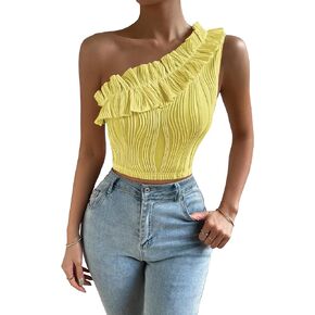 OYOANGLE Women's Ruffle Trim One Shoulder Sleeveless Fitted Solid Vest Crop Tank Top