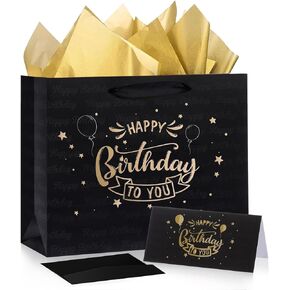 Black Red Birthday Gift Bag, 11" Birthday Paper Wrapping Bag with Tissue Paper Greeting Card Envelope for Black Red Birthday Party Baby Shower Decorations Supplies Favors Gift, Birthday Wrapping Paper for Women Men