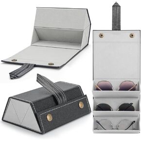 Travel Sunglasses Organizer, Portable Sunglass Case 3 Slot, Foldable Sunglasses Holder, Hanging Eyeglasse Storage Box, PU Leather Eyeglass Case