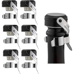 Champagne&Wine Bottle Stoppers Stainless Steel with Food Grade Silicone, Leak Proof Keep Fresh Reusable Saver, Cork Suitable for Wine, Champagne, Cava, Prosecco and Sparkling (6 Pack Black）