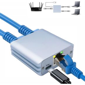 RJ45 Ethernet Splitter Adapter, Aoaizue USB to RJ45 Network Cable High Speed 1000Mbps 8P8C Extender Plug LAN Interface 1 to 2 Dual Port Ethernet Socket Connector for Cat5,Cat5e,Cat6,Cat7 (Silver)