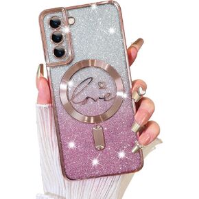 Fiyart Designed for Samsung Galaxy S21 Ultra Case,Compatible with MagSafe Love Heart Plating Camera Protection Clear Phone Case, Magnetic Glitter for Women Girls Shockproof Cover 6.8"-Blue