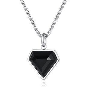 COAI Black Heart Pendant Necklace for Women and Men, Stainless Steel Diamond Shape Onyx Necklace