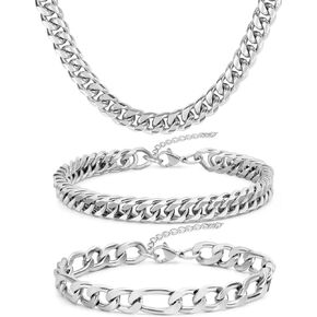 3PCS Cuban Link Figaro Bracelet Necklace for Men, Silver Gold Black Sturdy 316L Stainless Steel Cuban Link Figaro Chain with 2-inch Jewelry Set with Gift Message Card 8mm