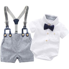 Baby Boys Gentleman Outfits Suits, Infant Short Sleeve Shirt+Bib Pants+Bow Tie Clothes Set