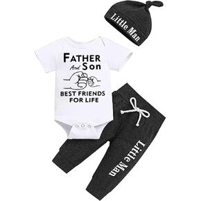 TUEMOS Newborn Infant Baby Boy Clothes Letter Print Romper Pants Set Hat 3PC Outfits Set