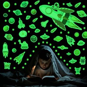 Glow in The Dark Stars Rocket Wall Decals, Luminous Kids Planets Sticker for Ceiling, Peel and Stick Space Wall Stickers for Bedroom