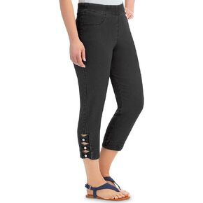 Collections Etc Elastic Waist Pull-on Denim Capri Jean Pants with Decorative Button Detail