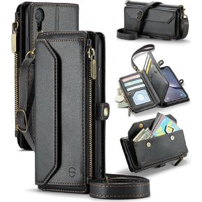 جراب محفظة Crossbody لهاتف iPhone XR 【حجب RFID】 مع فتحة فواتير بسحاب حامل 7 بطاقات، حزام كتف مغناطيسي من جلد البولي يوريثان الناعم لهاتف iPhone XR جراب هاتف للنساء، أسود