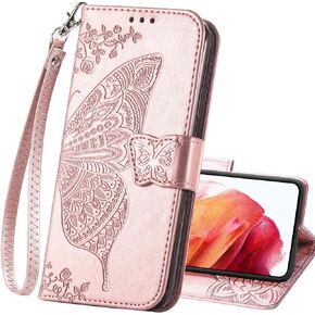 Wallet Case for Samsung Galaxy S22 Ultra,PU Leather Flip Protective Phone Case Wrist Strap Card Slots Holder Pocket Emboss Butterfly Flower Stand Case for Samsung Galaxy S22 Ultra Black