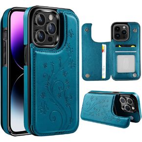 Korecase Compatible with iPhone 15 Wallet Case with Card Holder, Classic Butterfly Leather Kickstand Purse Cover, Double Magnetic Buckles Shockproof Slim Flip Phone Case for Women 2023 -Pink