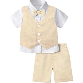 A&J DESIGN Toddler Boy Suit Set 4pcs Shirt, Vest, Shorts, Bow Tie 12M-6Y | Complete Gentleman Look, Removable Bow Tie, Soft Inner Lining, Skin-friendly, Gift Choice, Summer, Wedding, Graduation in Saudi Arabia