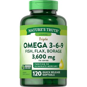 Nature's Truth Omega 369 Softgels | 3600mg | 120 Pills | Fish, Flax, & Borage Oil | Triple Strength | Non-GMO & Gluten Free Supplement