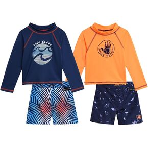 Body Glove Toddler Baby Boys' Rash Guard Set - 4 Piece UPF 50+ Short Sleeve Swim Shirt and Bathing Suit Swimsuit Set