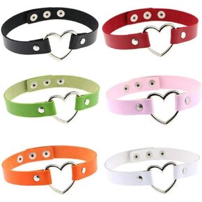 6Pcs Lady Stylish Fashion Lovely Heart Decoration Collar Necklace Vacation Jewelry Black Red Orange Pink Green White PU Leather Chokers Necklace