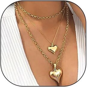 YOOESTORES82 14K Gold Heart Pendant Necklaces for Women Layered Chunky Heart Choker Necklace Link Chain Love Y2K Girls Trendy Jewelry Gifts