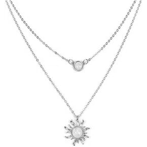 Double Chains Moon and Sun Layered Choker Necklace Gemstones Western Jewelry Gift Gold Silver Plated Sunflower Round Geometric Planet Chain Choker Necklace