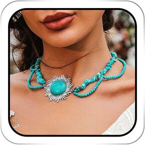 Boho Turquoise Collar Necklaces Silver Beaded Vintage Pendant Necklace Chain Sun Gemstone Necklace for Women