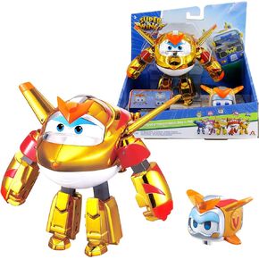 Super Wings - 5" Transforming 2-Pack Supercharged Golden Boy & Super Pet Airplane Toys | New from Season 7 | Airplane to Robot | Preschool Birthday Gifts for 3 4 5 Year Old Kids | with Light Effect
