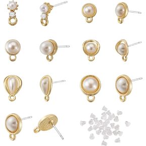 Cheriswelry 24Pcs Pearl Alloy Earring Studs ABS Plastic Pearl Earring Post with 925 Sterling Silver Pin Teardrop Flower Half Round Stud Earring 6 Styles 9.5-15mm for Women Girl Jewelry Making