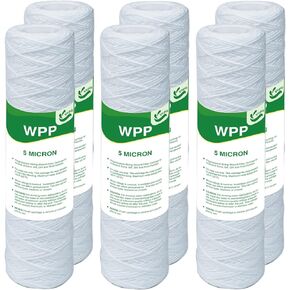 5 Micron String Wound Whole House Water Filter 10" x 2.5", 10-inch Universal Sediment Pre-Filters for Well Water, Replacement Cartridge for FXWSC, CW-F, CW-MF, 1SS, W5W, AO-WH-PRE-R2, 6-Pack