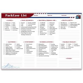 Large Travel Packing list PackEase checklist Essentials Memo Note Pad | A4 Size 8.27" X 11.69" | 50 sheets