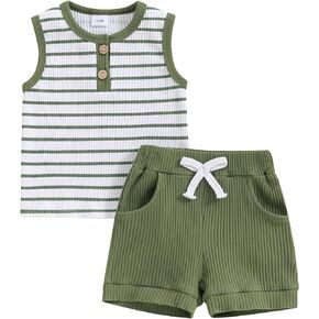 Hnyenmcko Baby Boy Summer Clothes Striped Print Sleeveless Ribbed Tank Tops + Elastic Solid Shorts Sets 2Pcs Toddler Outfits