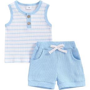 Hnyenmcko Baby Boy Summer Clothes Striped Print Sleeveless Ribbed Tank Tops + Elastic Solid Shorts Sets 2Pcs Toddler Outfits